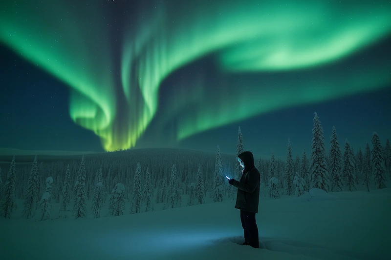 Person som kollar smartphone med livfullt grönt norrsken dansande över snöig skog på natten