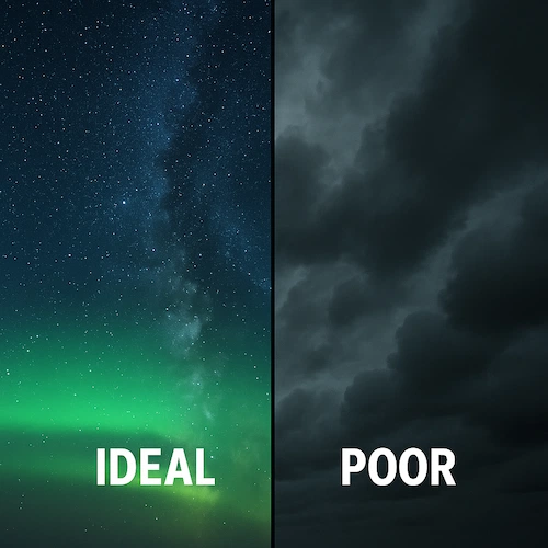 Delad bild: vänster visar klar stjärnhimmel med norrsken, höger visar molnig mulen himmel