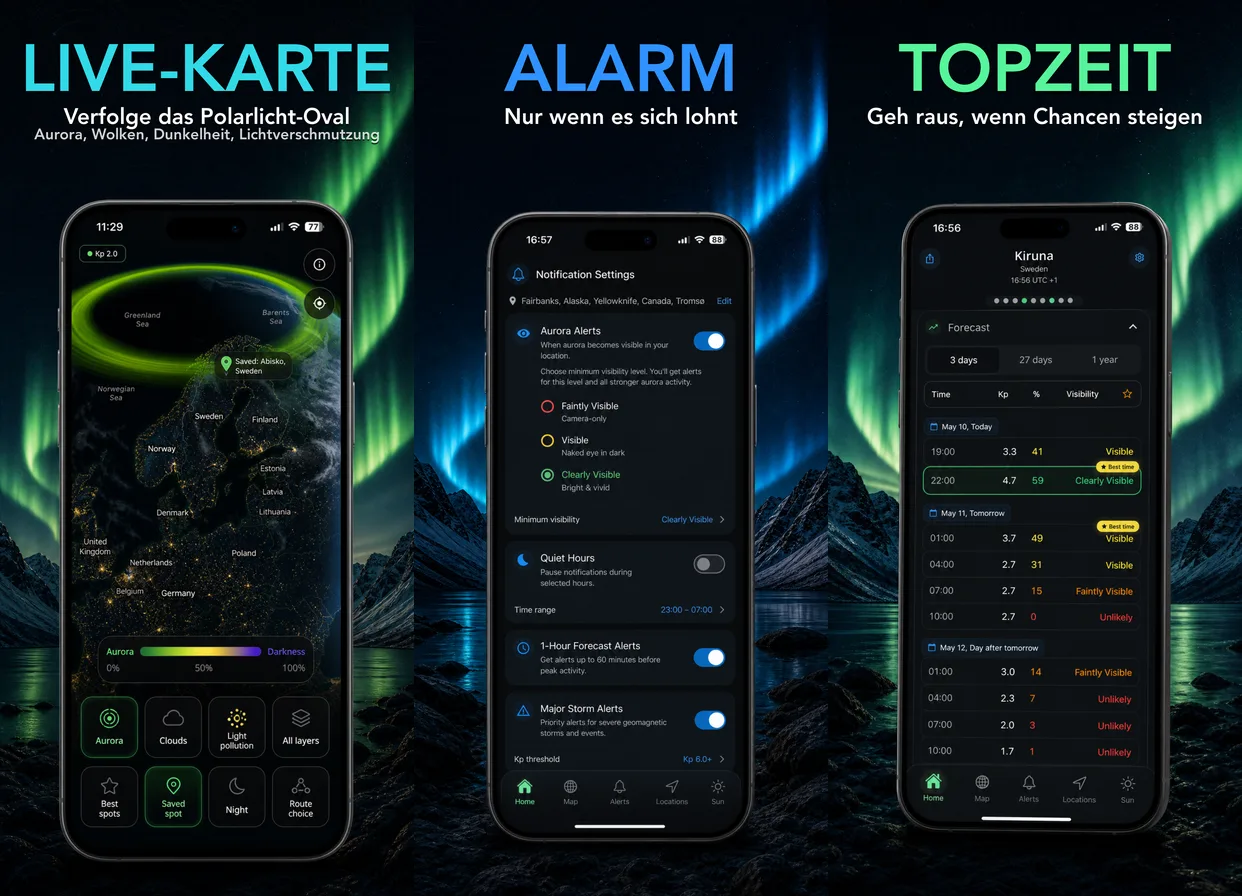AuroraMe App — Live-Polarlicht-Globus, kostenlose Benachrichtigungen und Reiseplaner