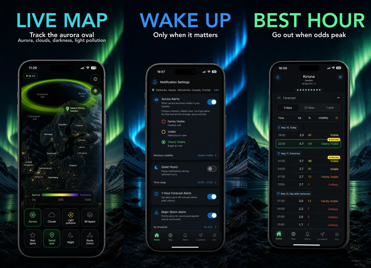 AuroraMe app — live aurora globe, free alerts, and trip planner