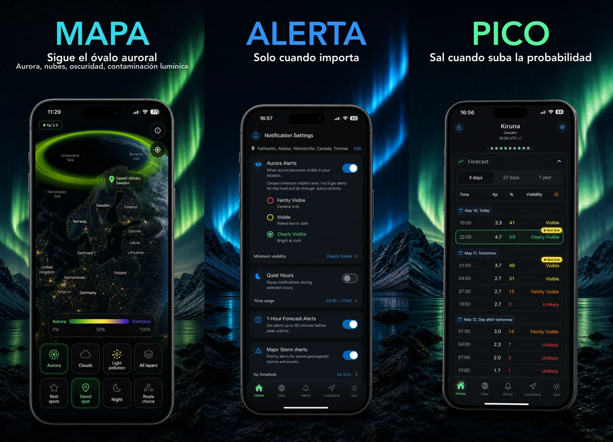 Aplicación AuroraMe — globo aurora en vivo, alertas gratuitas y planificador de viajes