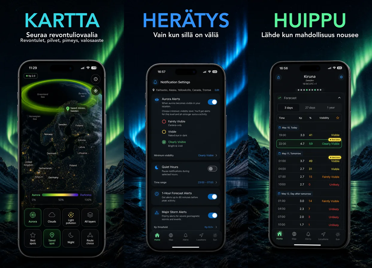 AuroraMe-sovellus — live revontulipallo, ilmaiset hälytykset ja matkasuunnittelu