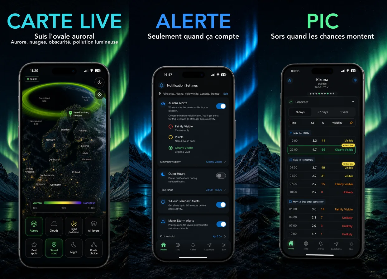 Application AuroraMe — globe auroral en direct, alertes gratuites et planificateur de voyage