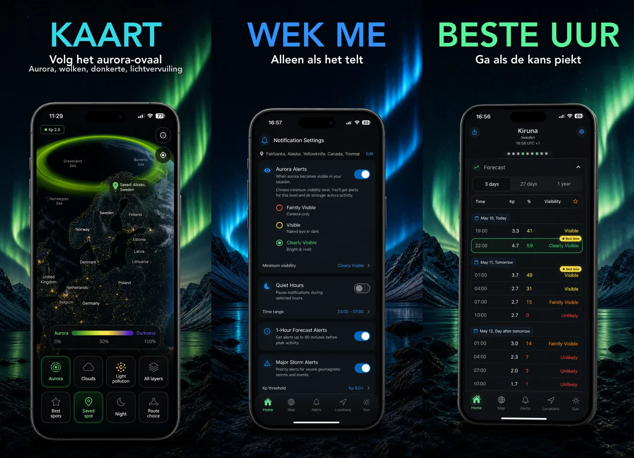 AuroraMe app — live noorderlicht-globe, gratis meldingen en reisplanner