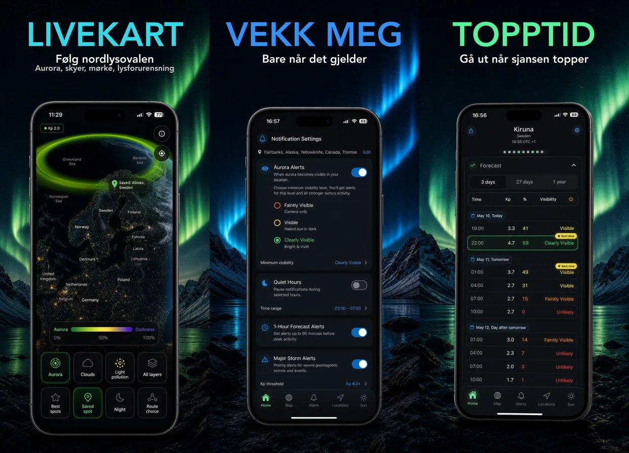 AuroraMe-appen — live nordlys-globus, gratis varsler og reiseplanlegger