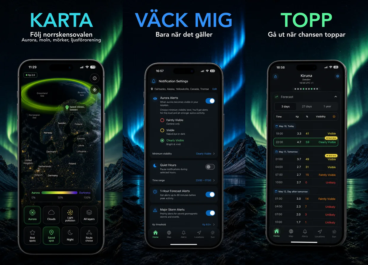 AuroraMe-appen — live norrskensglobus, gratis aviseringar och reseplanerare