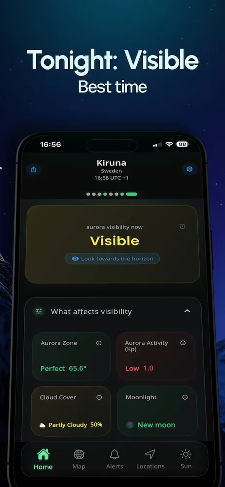 AuroraMe app showing tonight aurora visibility and best viewing time